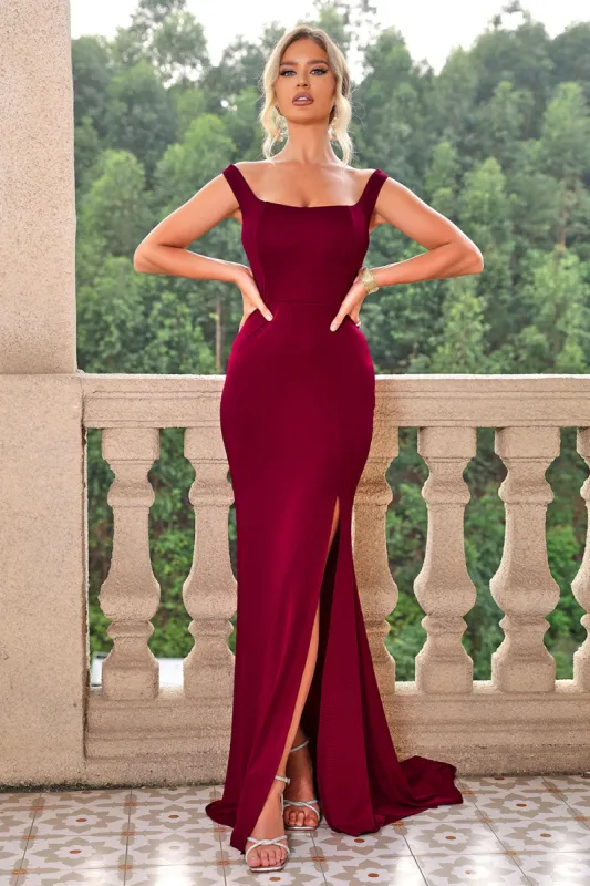 Burgundy Mermaid Off the Shoulder Lace-Up Long Formal Dress with Slit sold by Zapaka