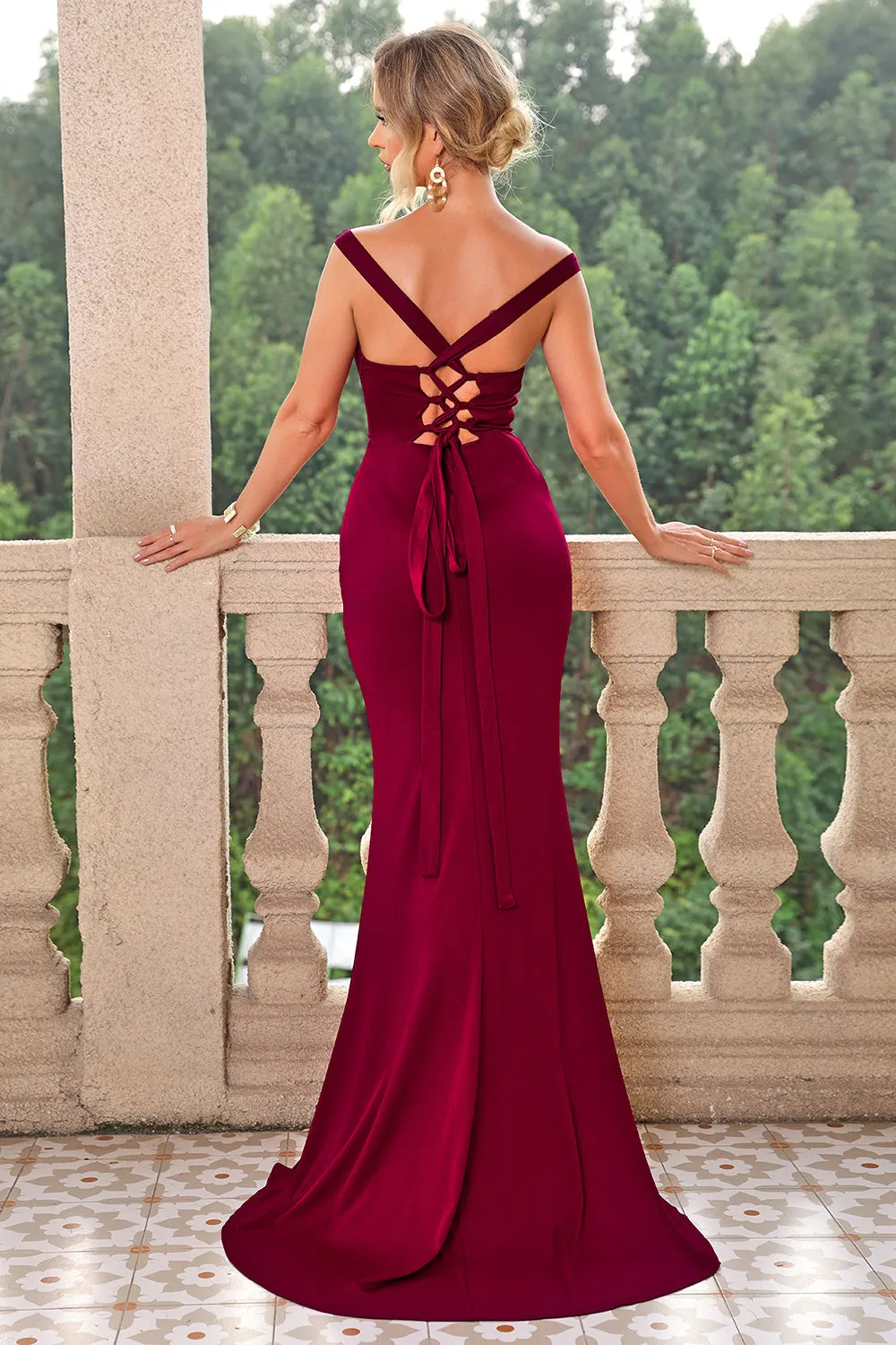 Burgundy Mermaid Off the Shoulder Lace-Up Long Formal Dress with Slit sold by Zapaka product image thumbnail 2