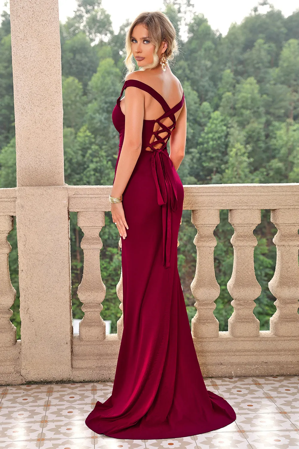 Burgundy Mermaid Off the Shoulder Lace-Up Long Formal Dress with Slit sold by Zapaka product image thumbnail 3