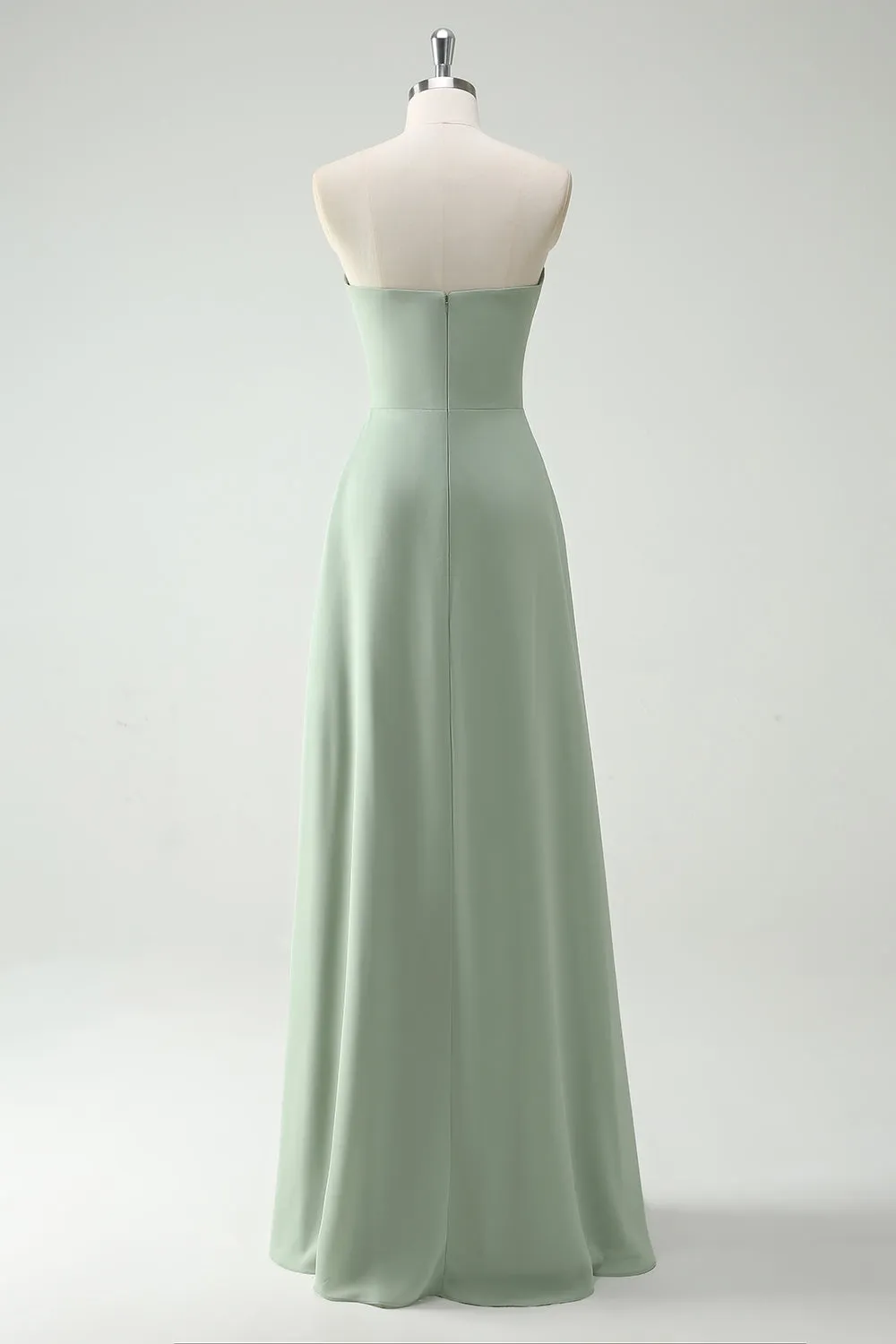 A Line Strapless Dusty Sage Long Bridesmaid Dress with Ruffles Slit sold by Zapaka product image thumbnail 2