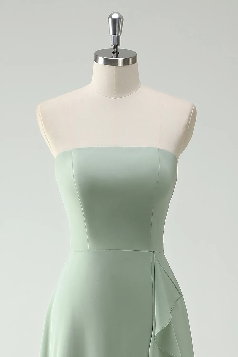 A Line Strapless Dusty Sage Long Bridesmaid Dress with Ruffles Slit sold by Zapaka product image thumbnail 4