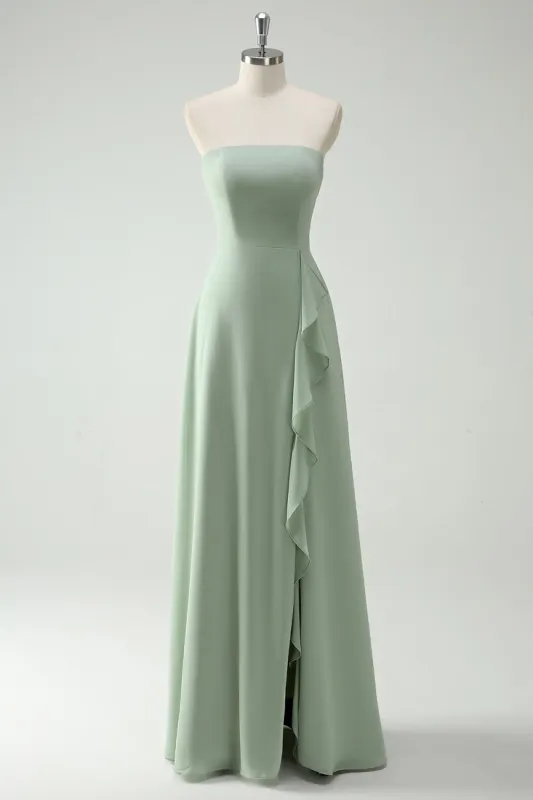 A Line Strapless Dusty Sage Long Bridesmaid Dress with Ruffles Slit sold by Zapaka