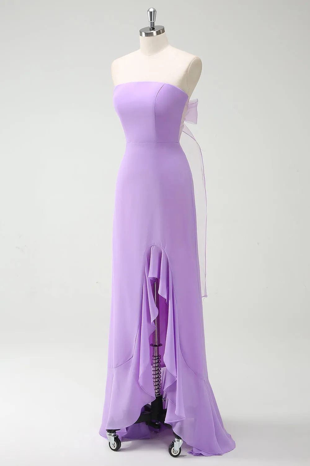 Purple A-Line Strapless Ruffled Long Bridesmaid Dress with Bow Ties sold by Zapaka product image thumbnail 3
