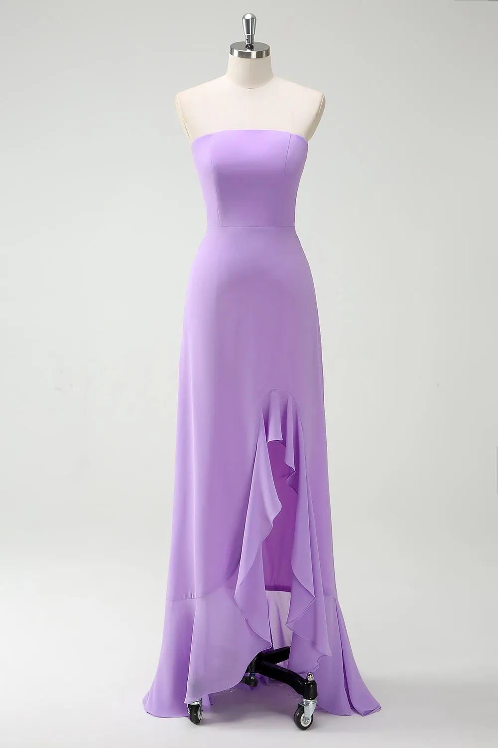 Purple A-Line Strapless Ruffled Long Bridesmaid Dress with Bow Ties sold by Zapaka