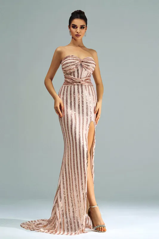 Apricot Mermaid Strapless Sequined Split Prom Dress sold by Zapaka