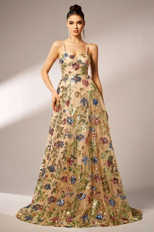 Sparkly Floral Apricot A-Line Long Prom Dress sold by Zapaka