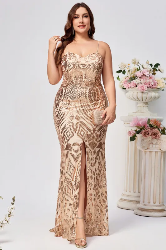 Sparkly Plus Size Golden Mermaid Sequin Embroidered Long Prom Dress with Split sold by Zapaka