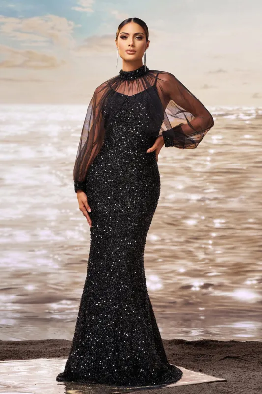 Sparkly Mermaid Black Sequin Long Sleeves Prom Dress sold by Zapaka