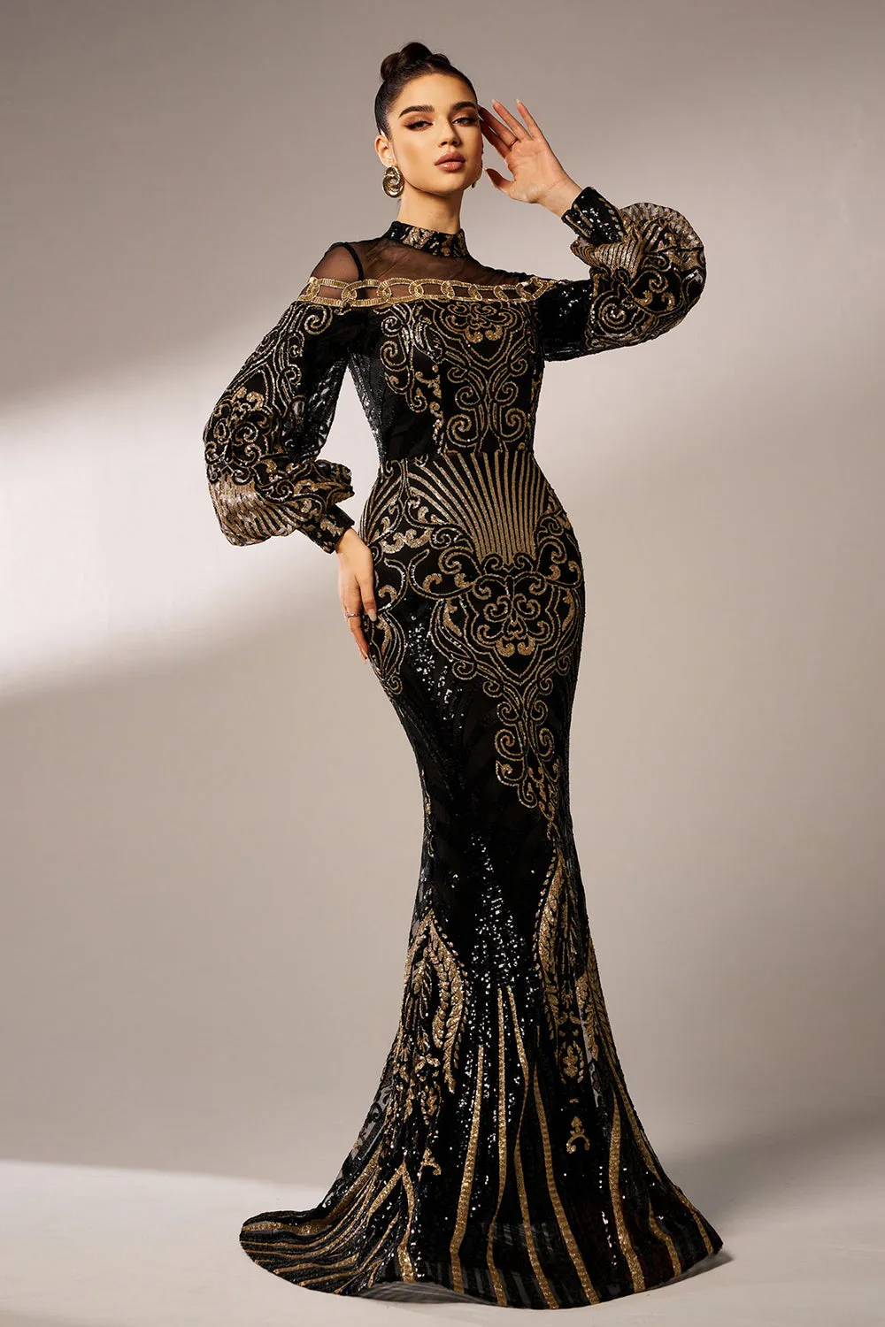 Sparkly Mermaid Long Sleeves High Neck Sequins Long Prom Dress sold by Zapaka product image thumbnail 3