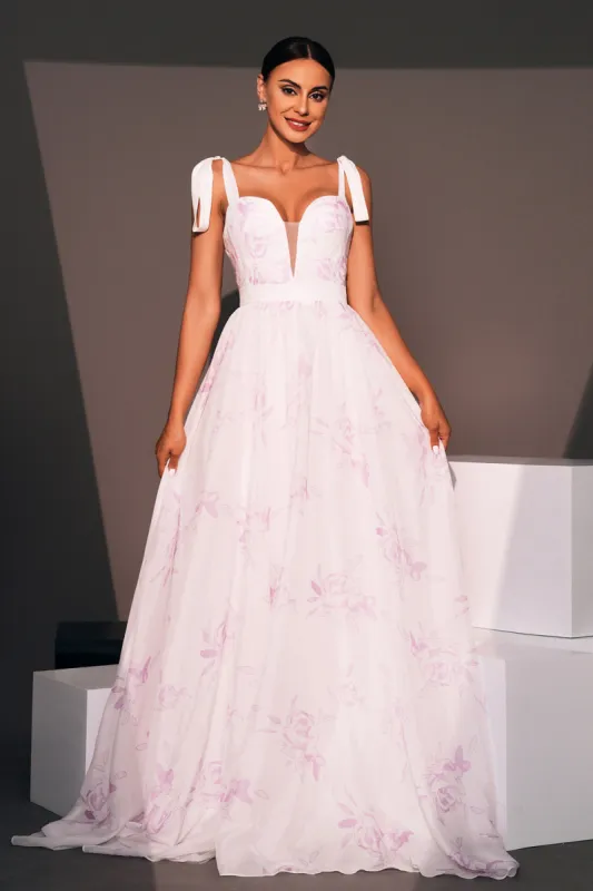 White A-Line Floral Long Prom Dress sold by Zapaka