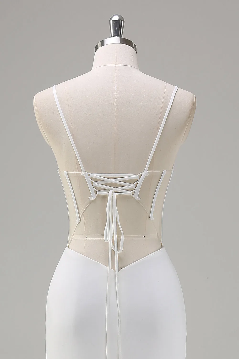 White Mermaid Spaghetti Straps Corset Long Prom Dress with Lace Up Back sold by Zapaka product image thumbnail 5