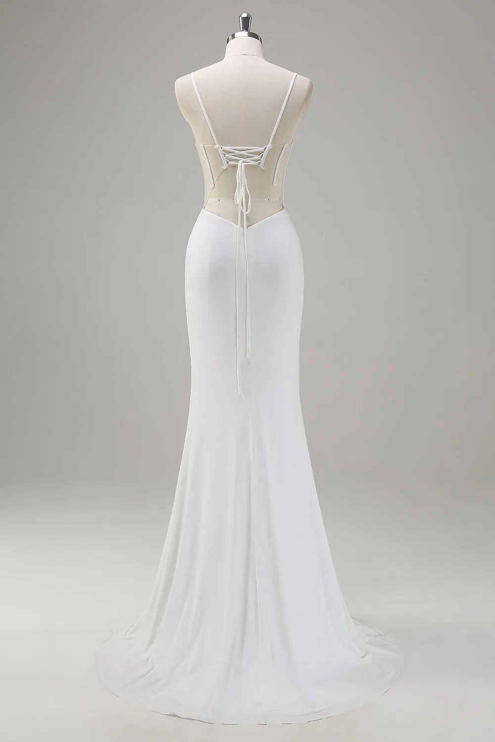White Mermaid Spaghetti Straps Corset Long Prom Dress with Lace Up Back sold by Zapaka product image thumbnail 2