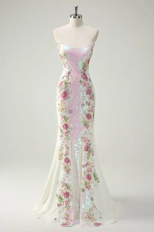 Sparkly White Floral Strapless Mermaid Long Prom Dress sold by Zapaka