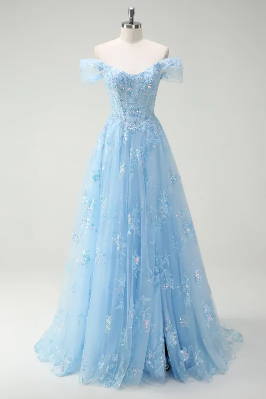 Sparkly Sky Blue Off The Shoulder A-Line Prom Dress with Slit sold by Zapaka