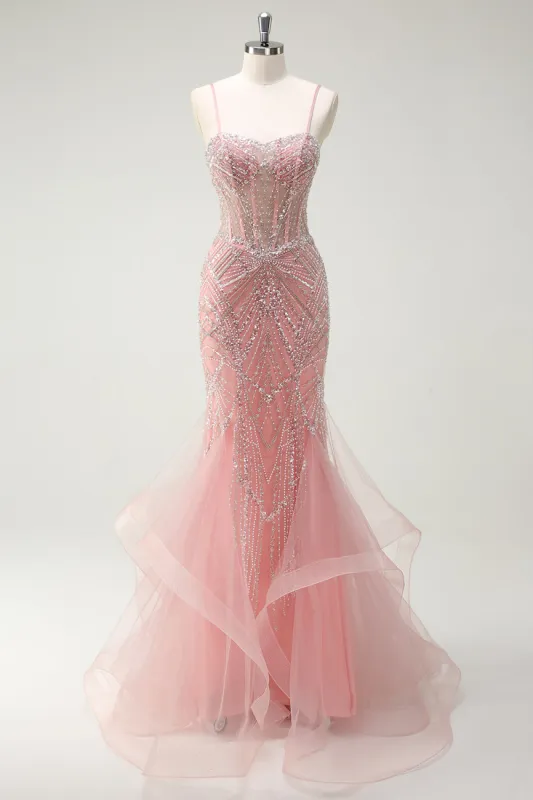 Sparkly Pink Mermaid Spaghetti Straps Corset Long Prom Dress sold by Zapaka