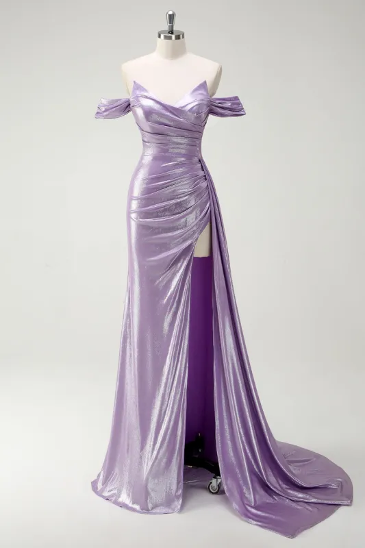 Sparkly Off The Shoulder Lilac Ruched Side Cape Prom Dress with Slit sold by Zapaka