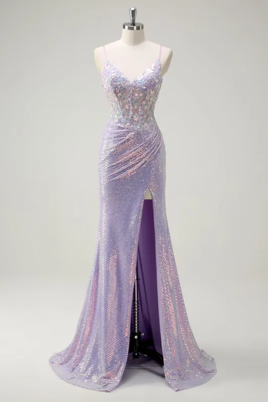 Sparkly Corset Lilac Mermaid Spaghetti Straps Prom Dress with Slit sold by Zapaka