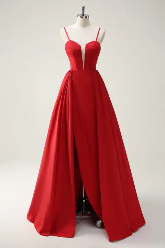Red Ball-Gown Spaghetti Straps Lace Up Back Long Prom Dress with Slit sold by Zapaka