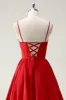 Red Ball-Gown Spaghetti Straps Lace Up Back Long Prom Dress with Slit sold by Zapaka