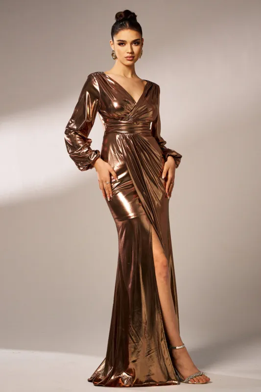 Metallic Brown Mermaid Long Sleeves Long Prom Dress with Slit sold by Zapaka