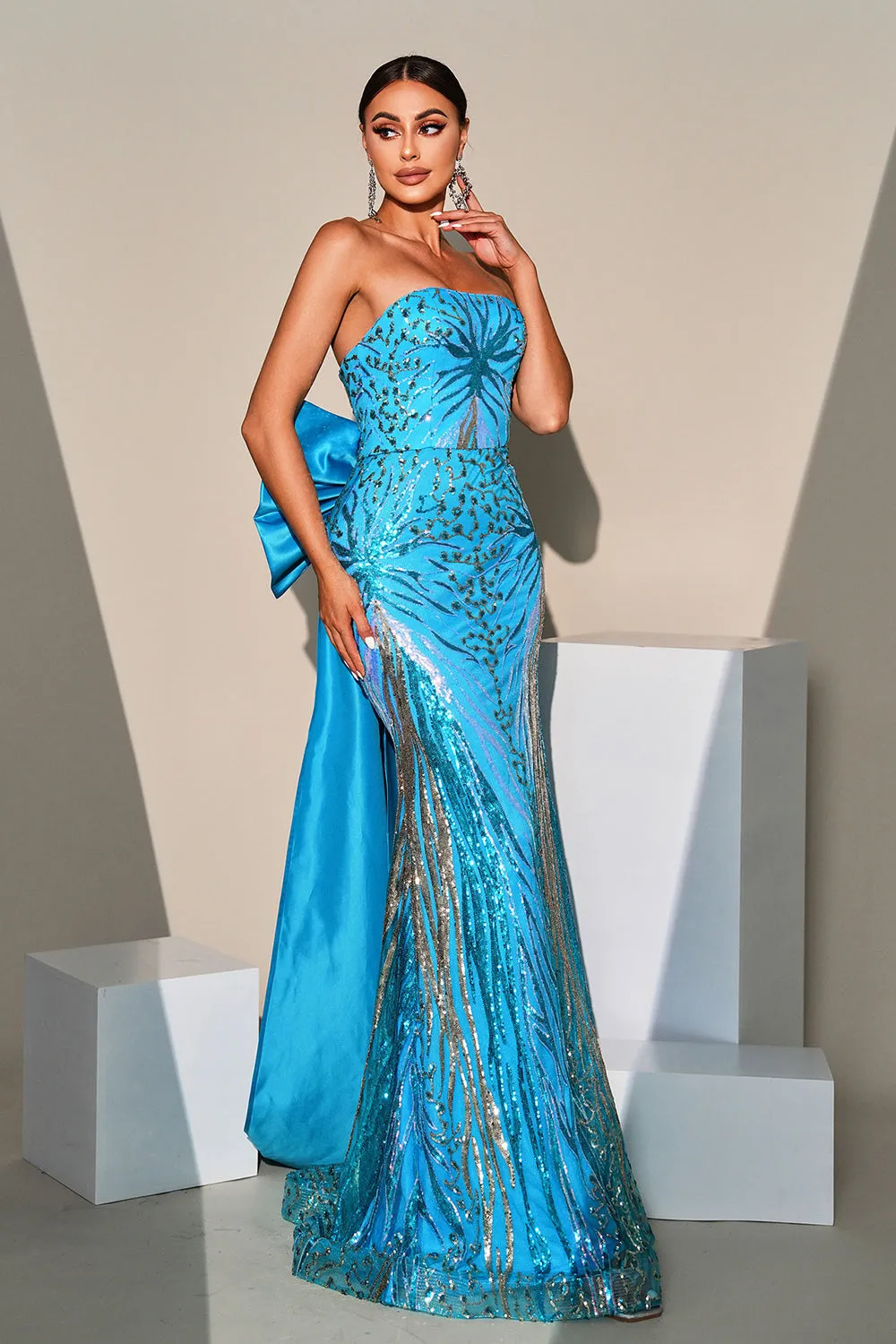 Mermaid Peacock Blue Sequin Strapless Long Prom Dress with Bow Streamer sold by Zapaka product image thumbnail 3