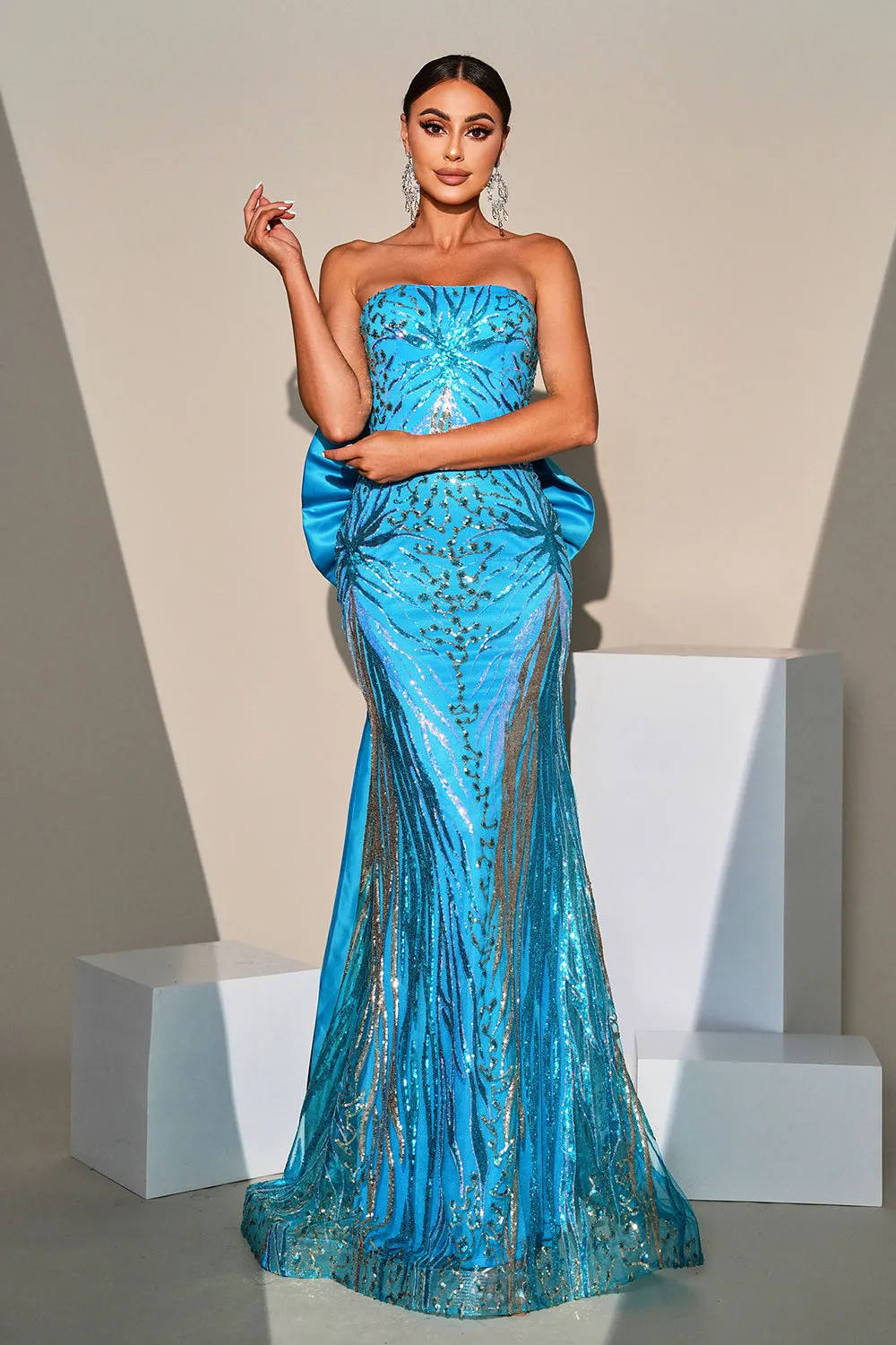 Mermaid Peacock Blue Sequin Strapless Long Prom Dress with Bow Streamer sold by Zapaka product image thumbnail 5