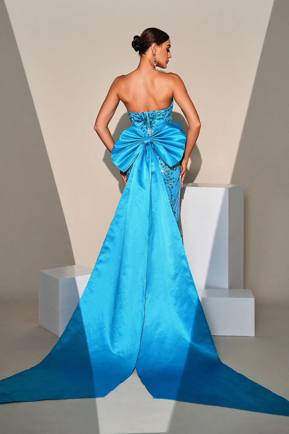 Mermaid Peacock Blue Sequin Strapless Long Prom Dress with Bow Streamer sold by Zapaka product image thumbnail 2