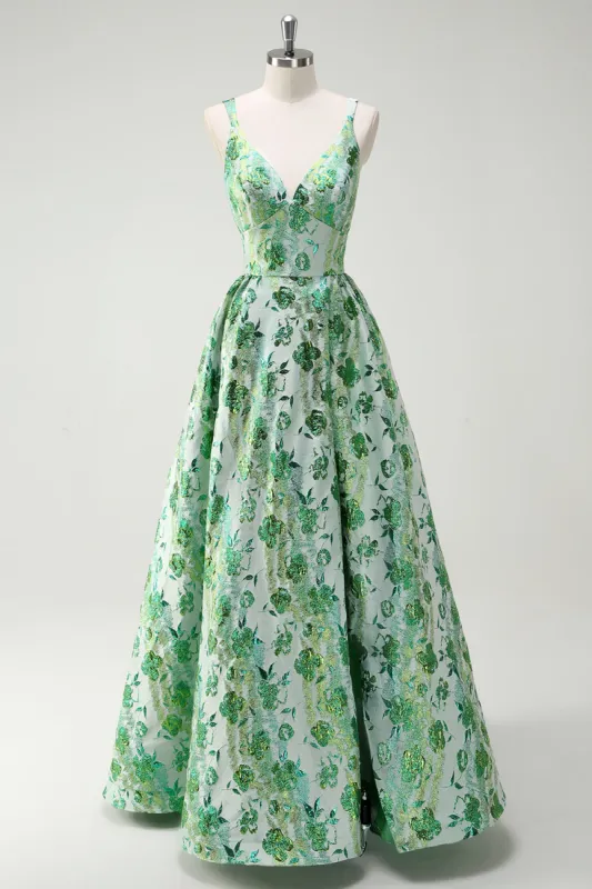 Sparkly Green Floral A-Line Spaghetti Straps Long Prom Dress sold by Zapaka