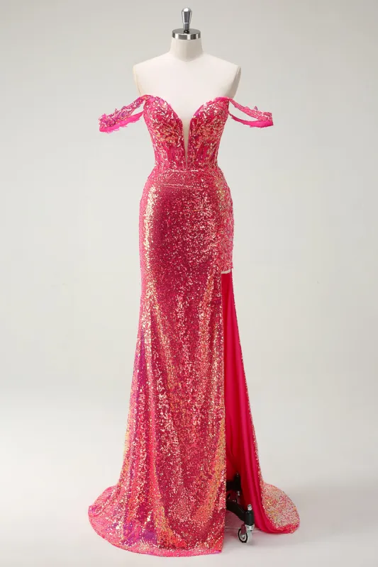 Fuchsia Mermaid Sequined Off The Shoulder Prom Dress sold by Zapaka
