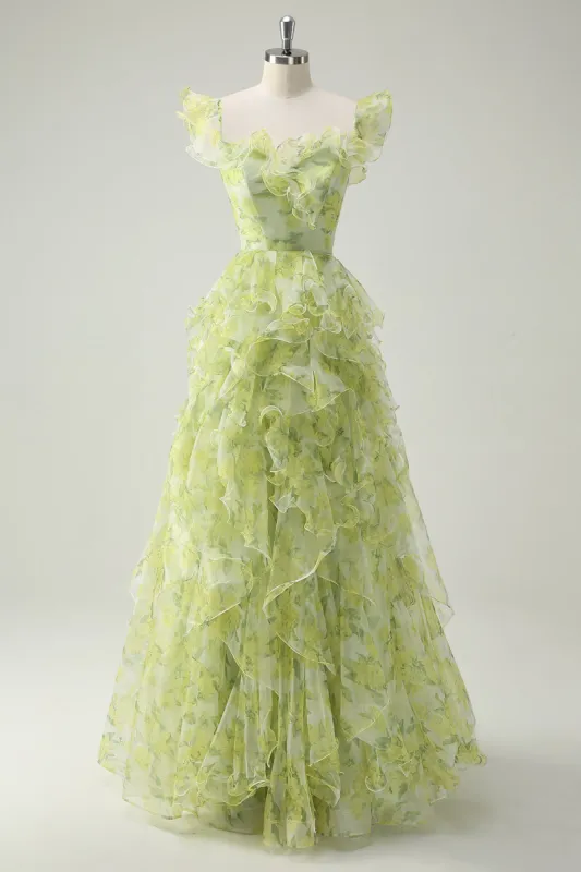 Dusty Sage Floral Ruffled A-Line Square Neck Long Prom Dress sold by Zapaka