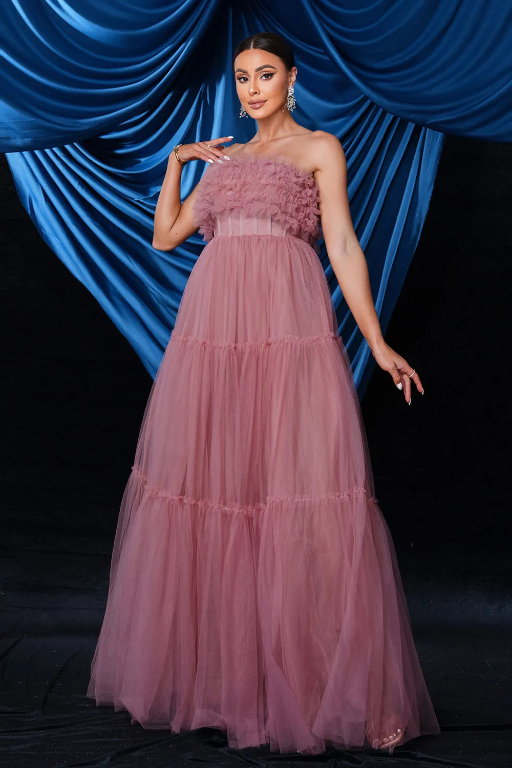 Pink Strapless A-Line Tulle Long Corset Wedding Guest Dress sold by Zapaka product image thumbnail 3