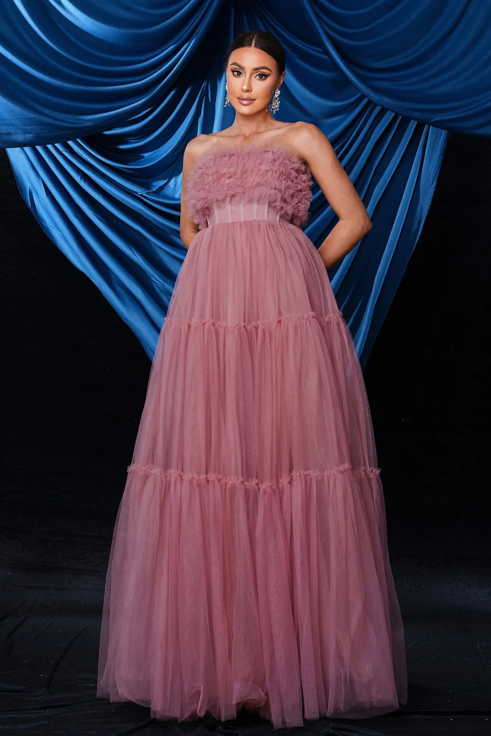 Pink Strapless A-Line Tulle Long Corset Wedding Guest Dress sold by Zapaka product image thumbnail 4