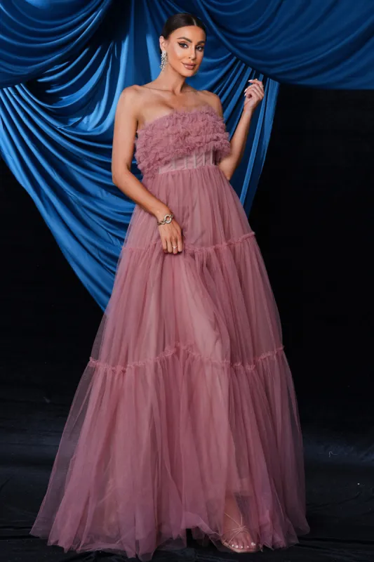 Pink Strapless A-Line Tulle Long Corset Wedding Guest Dress sold by Zapaka