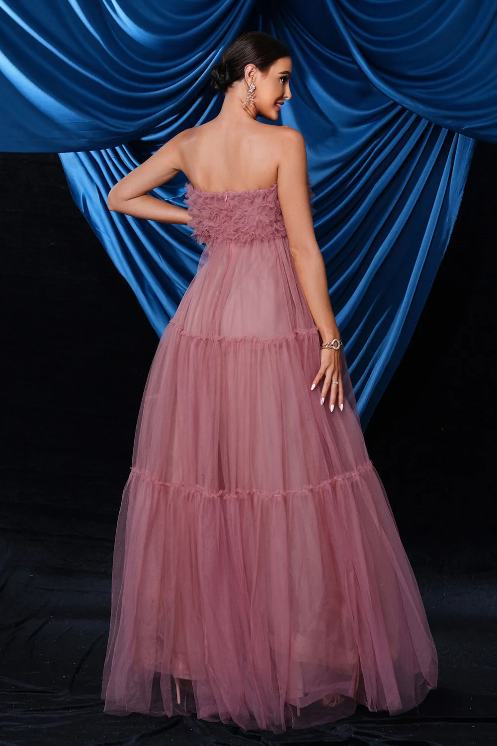 Pink Strapless A-Line Tulle Long Corset Wedding Guest Dress sold by Zapaka product image thumbnail 2