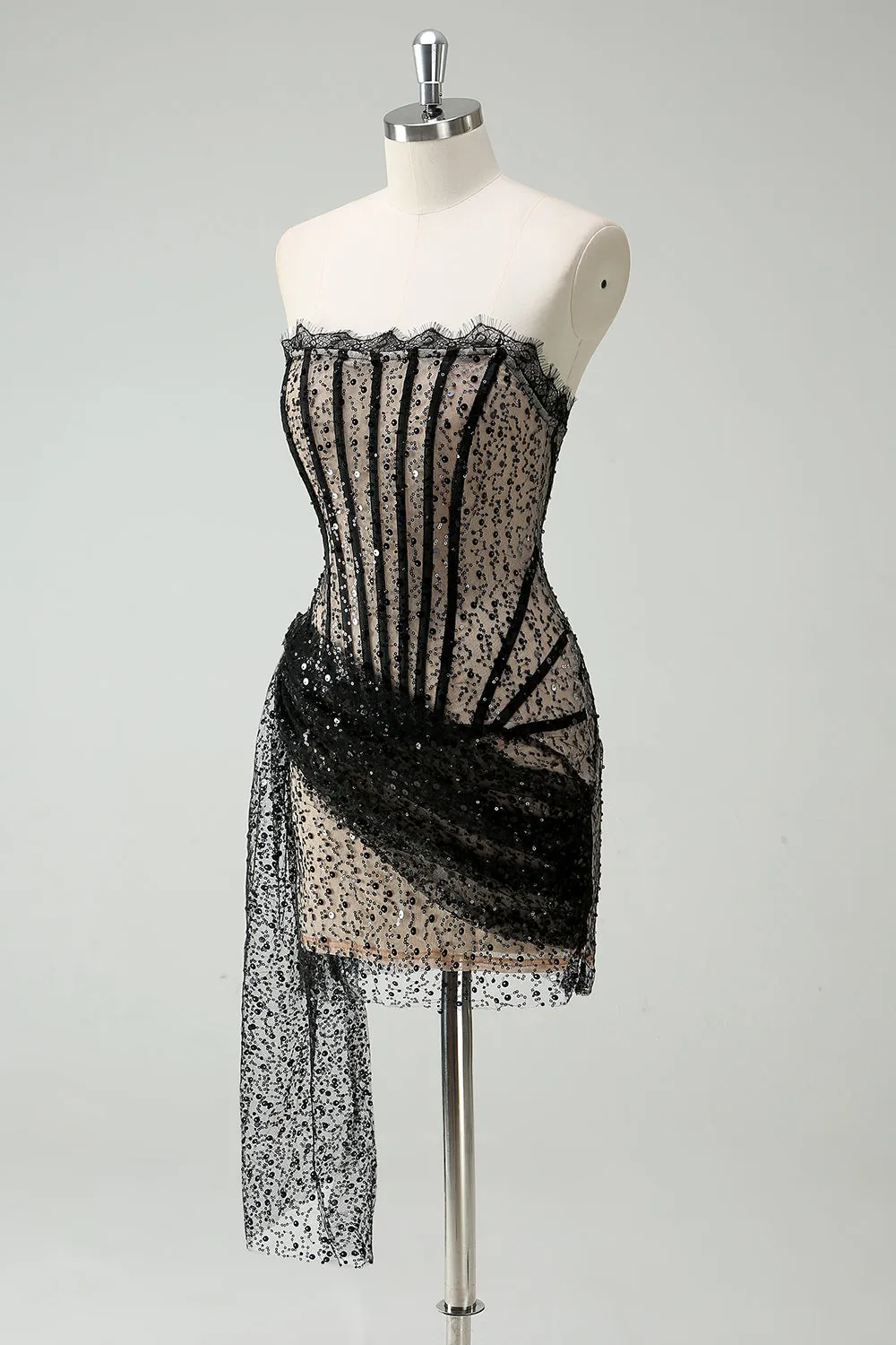 Sparkly Black Strapless Sequin Short Prom Dress with Streamer sold by Zapaka product image thumbnail 3