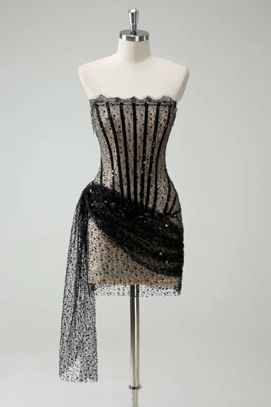 Sparkly Black Strapless Sequin Short Prom Dress with Streamer sold by Zapaka