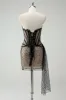 Sparkly Black Strapless Sequin Short Prom Dress with Streamer sold by Zapaka