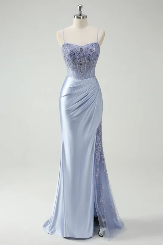 Light Blue Mermaid Ruched Long Prom Dress with Appliqued Beading sold by Zapaka