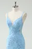 Sky Blue Mermaid Spaghetti Straps Appliqued Long Prom Dress with Slit sold by Zapaka