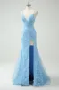 Sky Blue Mermaid Spaghetti Straps Appliqued Long Prom Dress with Slit sold by Zapaka
