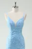 Sky Blue Mermaid Spaghetti Straps Appliqued Long Prom Dress with Slit sold by Zapaka