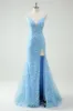 Sky Blue Mermaid Spaghetti Straps Appliqued Long Prom Dress with Slit sold by Zapaka