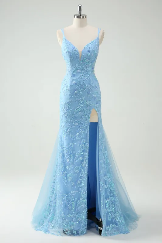 Sky Blue Mermaid Spaghetti Straps Appliqued Long Prom Dress with Slit sold by Zapaka