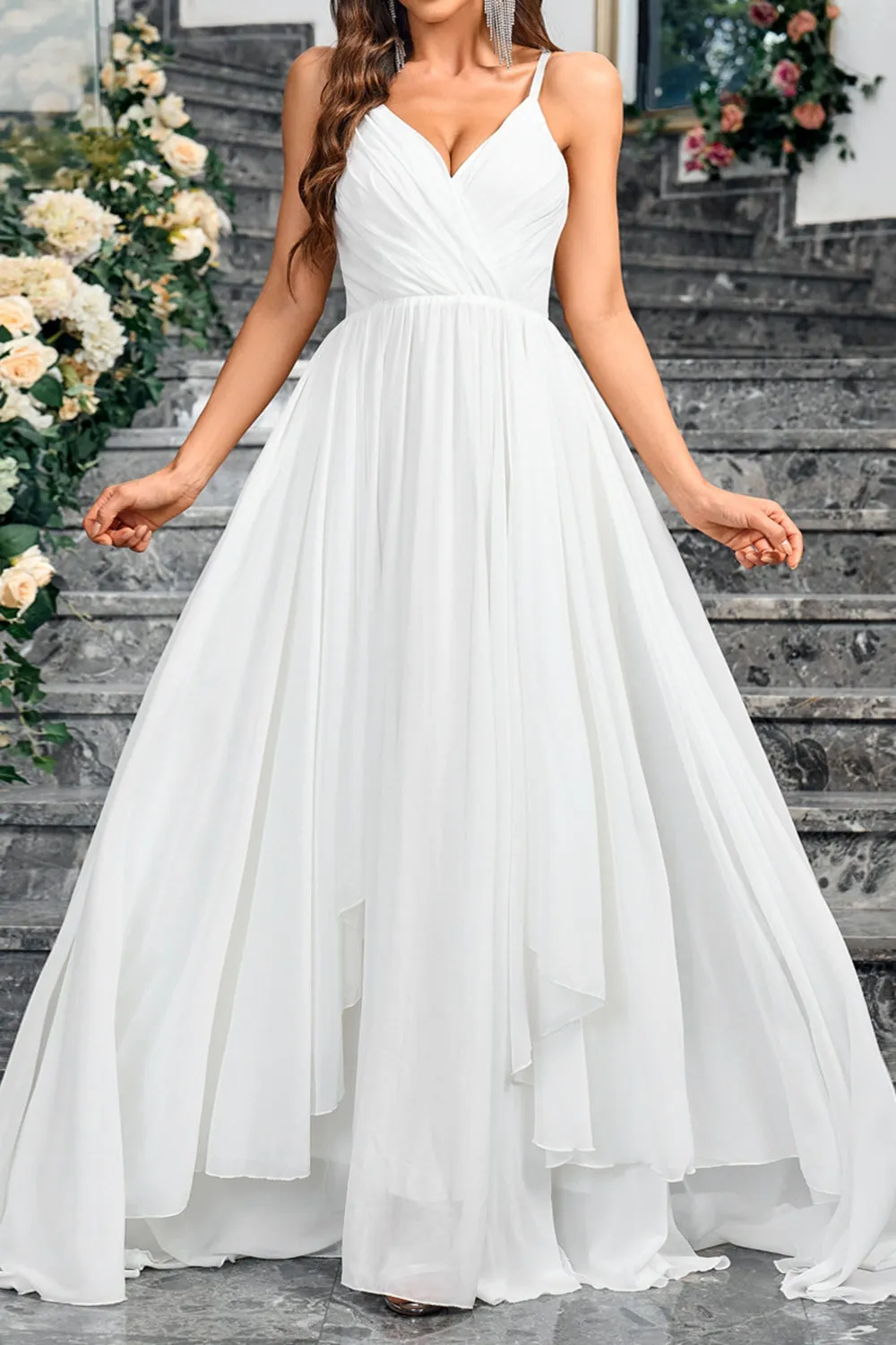 White A Line Spaghetti Straps Pleated Long Party Dress sold by Zapaka