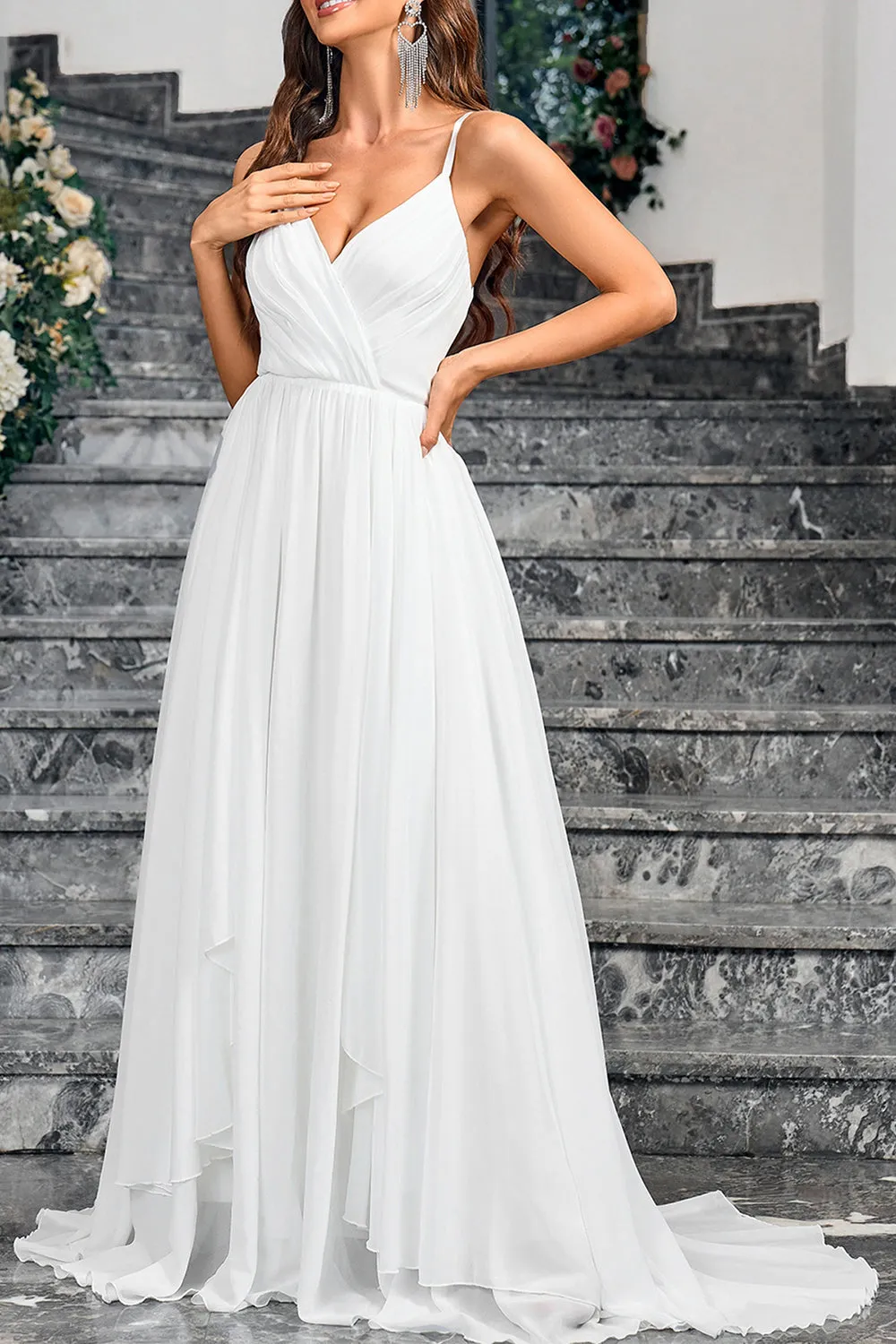 White A Line Spaghetti Straps Pleated Long Party Dress sold by Zapaka product image thumbnail 5