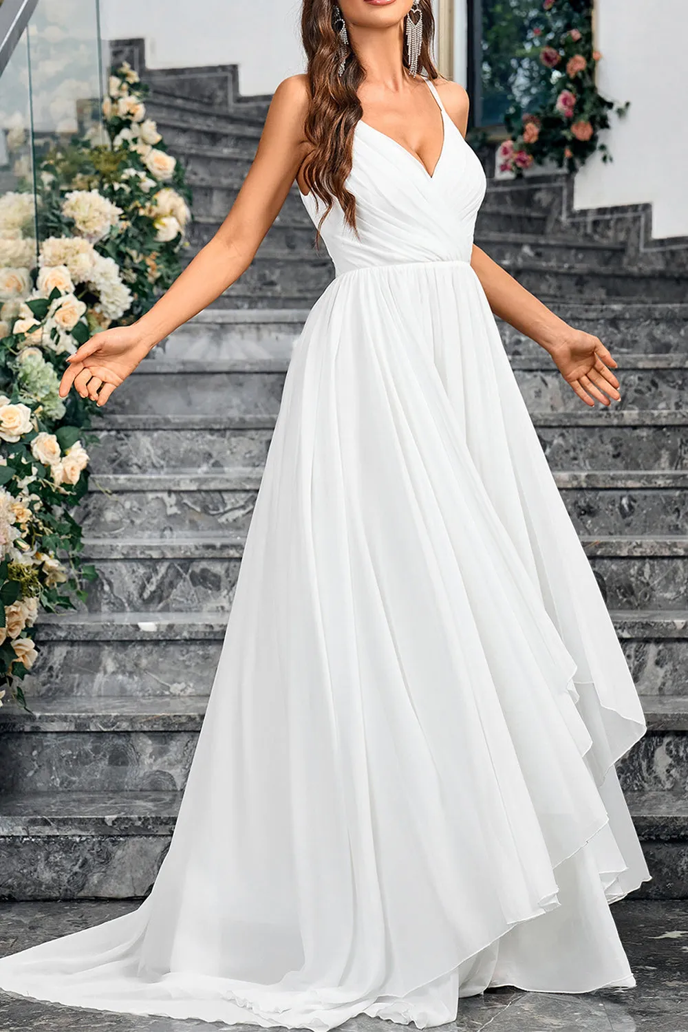 White A Line Spaghetti Straps Pleated Long Party Dress sold by Zapaka product image thumbnail 3