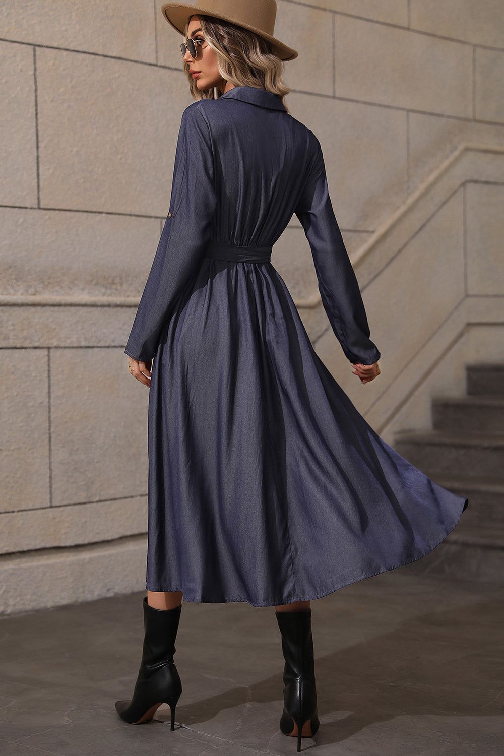 A Line Long Sleeves Navy Casual Dress with Belt sold by Zapaka product image thumbnail 2