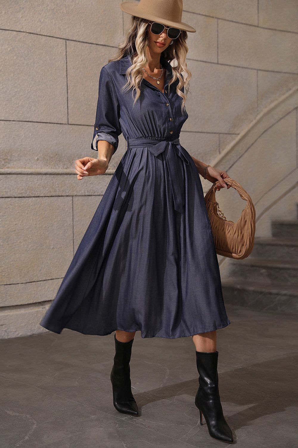 A Line Long Sleeves Navy Casual Dress with Belt sold by Zapaka product image thumbnail 4