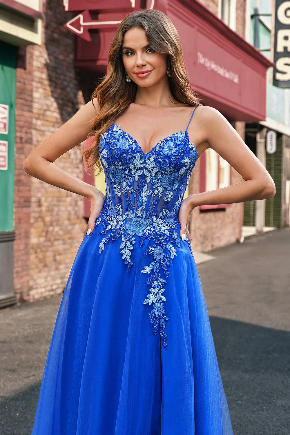 Royal Blue Tulle A-Line Spaghetti Straps Corset Long Prom Dress with Slit sold by Zapaka product image thumbnail 4