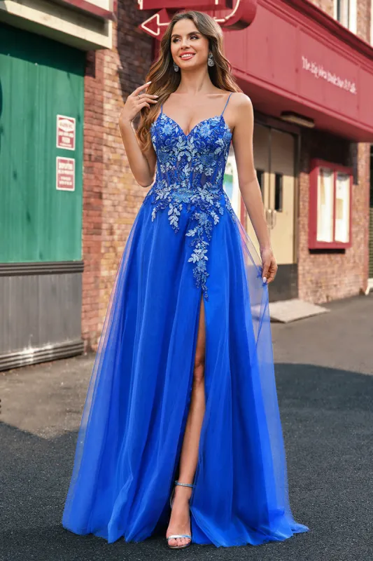 Royal Blue Tulle A-Line Spaghetti Straps Corset Long Prom Dress with Slit sold by Zapaka